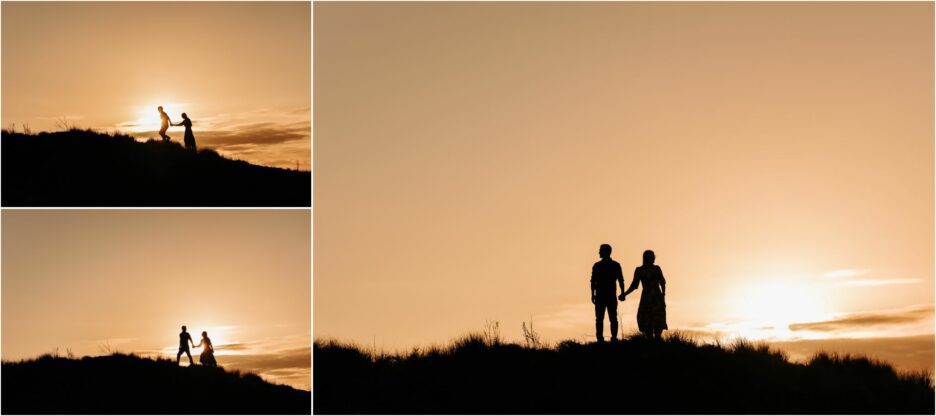 Couple climb sand dunes at sunset on Papamoa beach