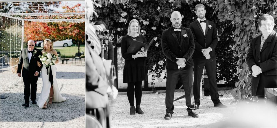 groom watches bride enter in glass house black walnut venue