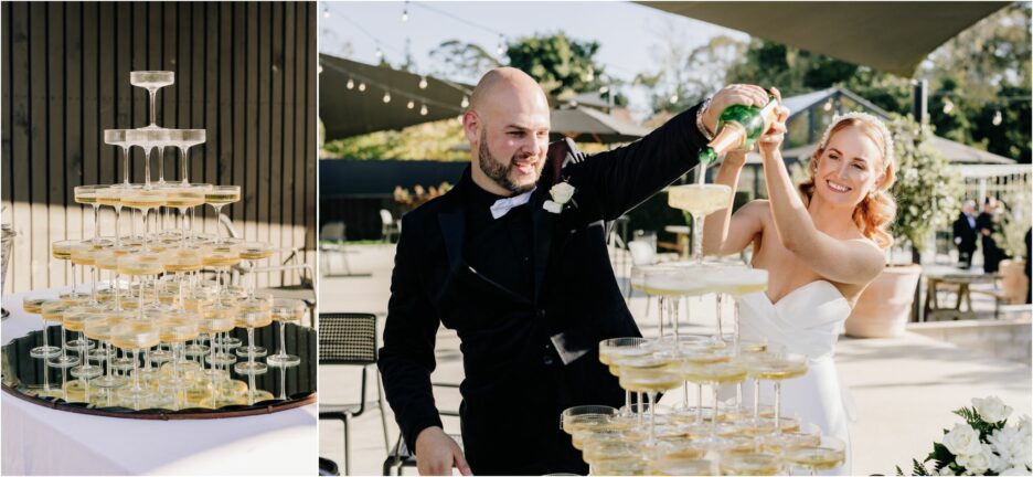 Champagne tower Black walnut couple pouring wine into glasses