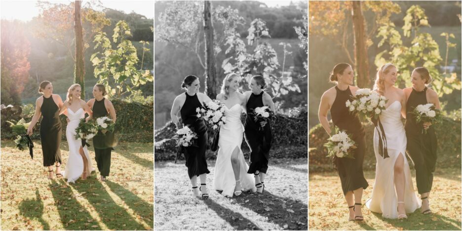 bride with black bridesmaids walks woodlands black walnut gardens