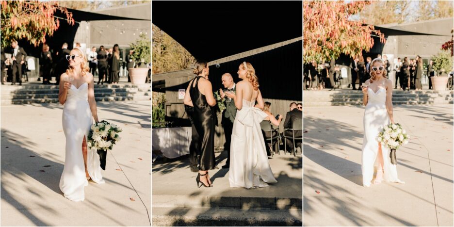 bride mingling with guests in late sunlight and autumn colours