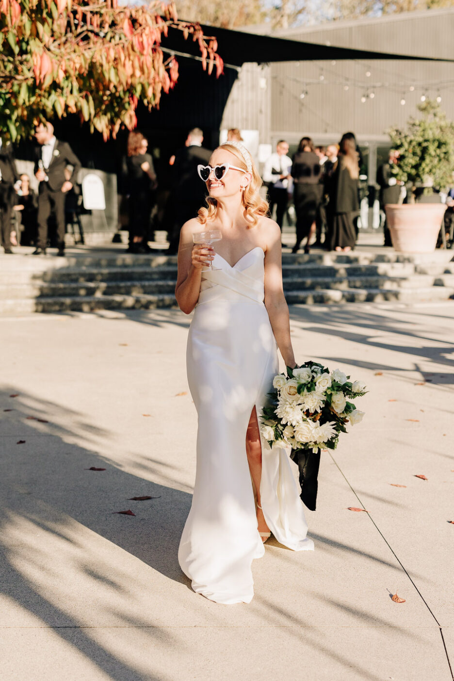 laughing bride in heart glasses