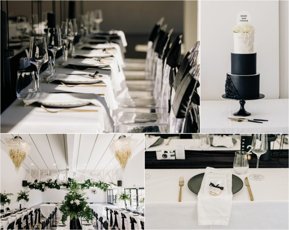 reception table settings, white table cloths with black napkins. Black and white wedding cake.