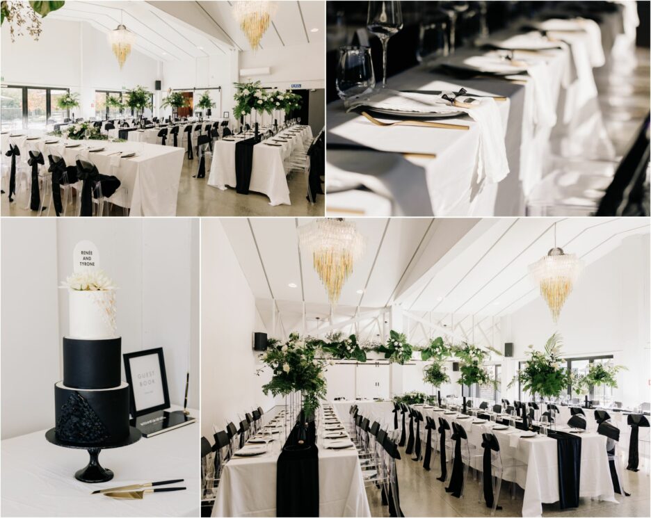 Black and White table settings in black walnuts reception room Tauranga