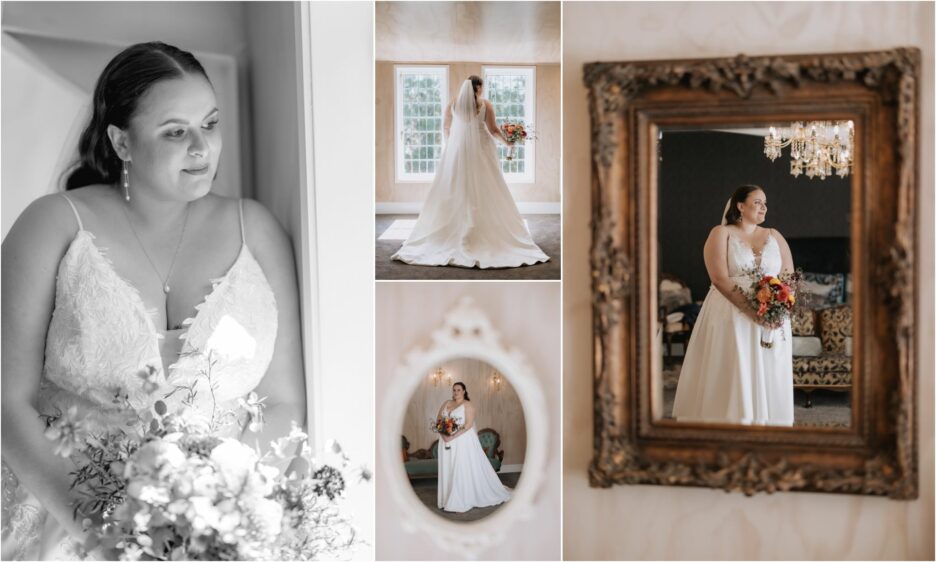 bride ebony vines accommodation looking out window and reflection in vintage mirror