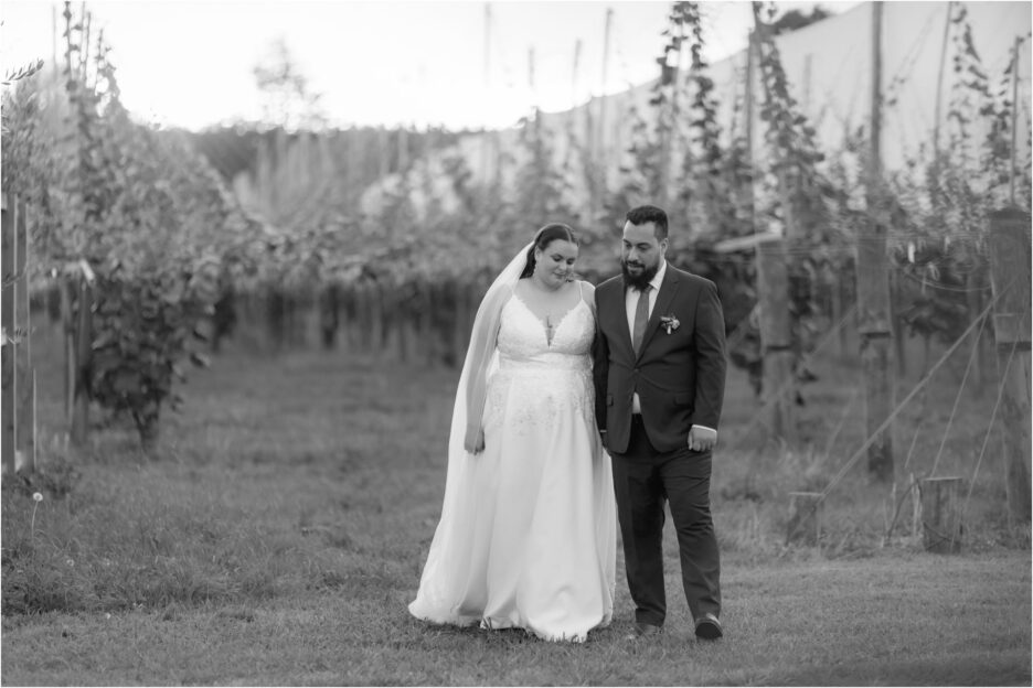 photo in black and white of wedding couple walking through kiwifruit vines