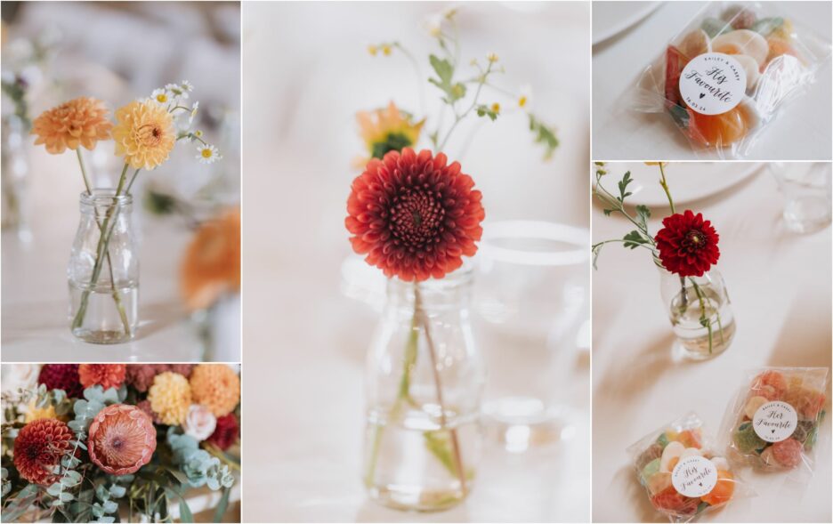 beautiful country flowers and favours on reception table