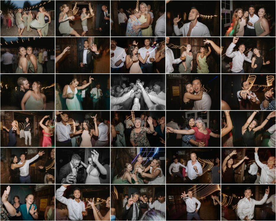 Wedding party photos of dancing guests at old forest school