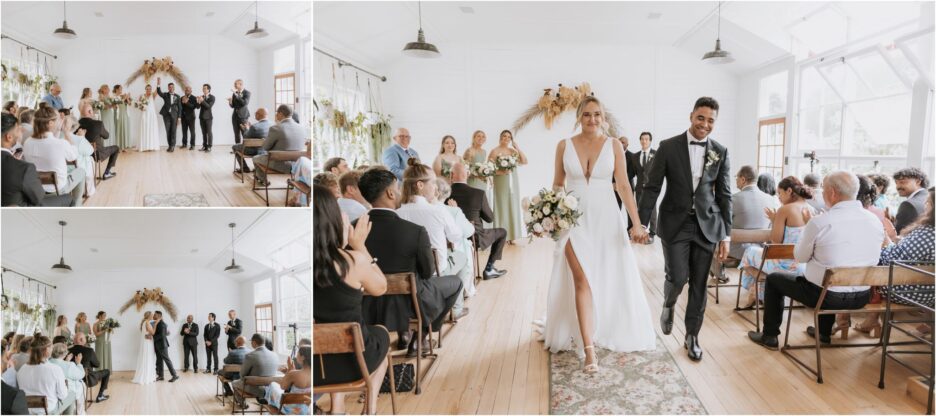 Old forest school house wedding bride and groom kissing and walking aisle