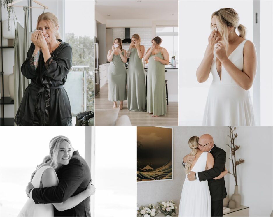 first look of bride and father of bride with bridesmaids in green dresses crying