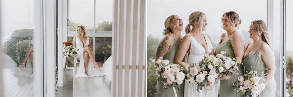 bride with bridesmaids in green dresses laughing