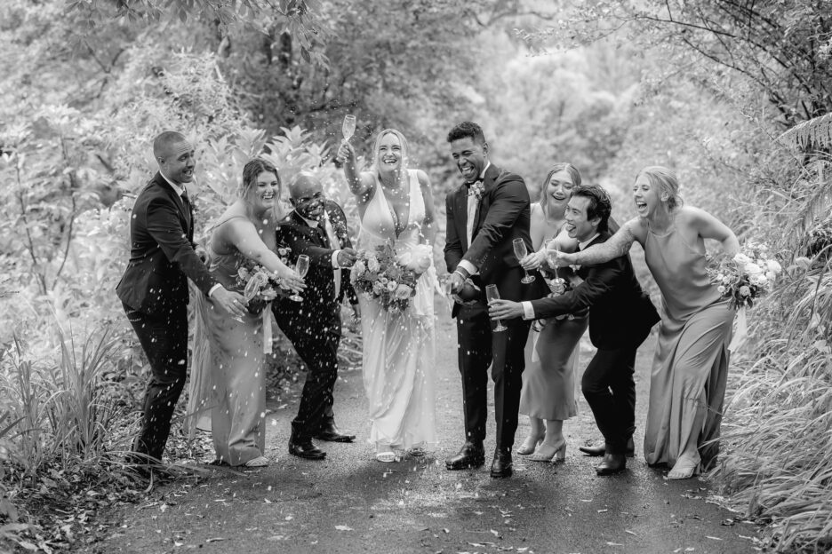 bubbles spraying in air with wedding party celebrating