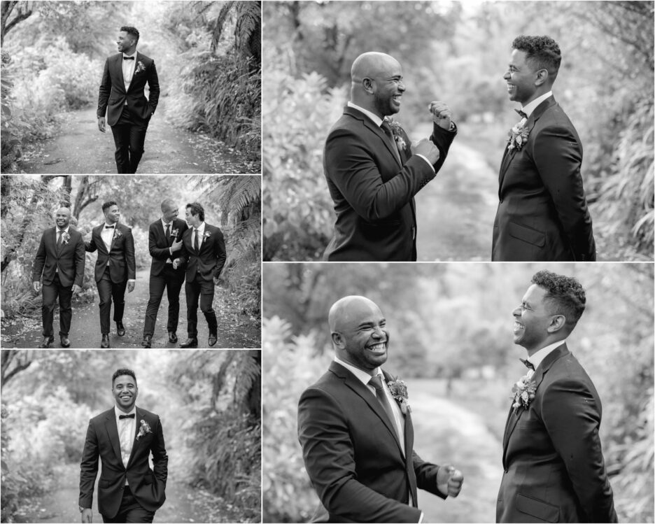 Groom with his brother and groomsmen walking with happy banter