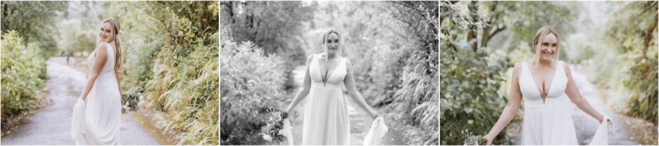 3 photos of beautiful bride walking at old forest school driveway