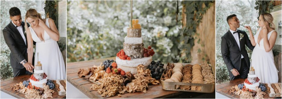 bride and groom cut cheese cake and platter