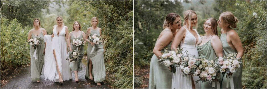 bride with her bridesmaids at old forest school in green evolution bridesmaids dresses