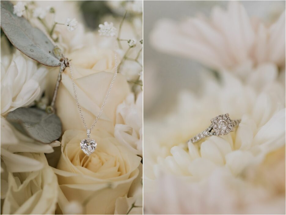 engagement ring sitting in bridal bouquet