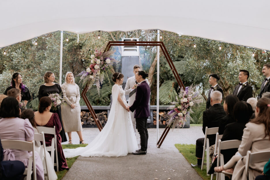 outdoor wedding ceremony winter in front of fireplace Eagle Ridge