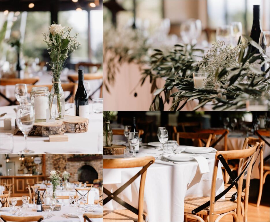 wedding tables with olive leaves and florals 