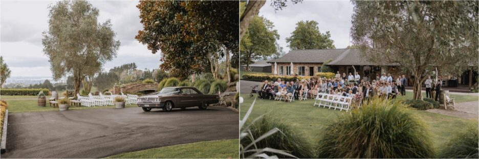 Ceremony wedding area in front of rock garden