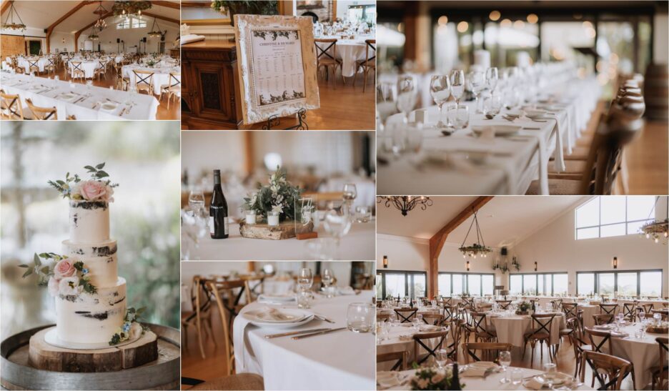 indoor table setting and wedding cake at Eagle Ridge