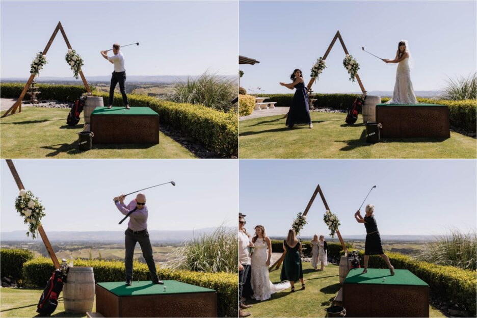 wedding guests playing golf